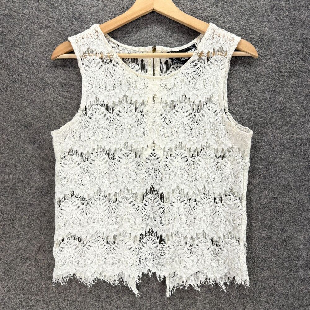 Inny Blouse Women L Large White Geometric Crochet Zipper Sleeveless Wide Strap